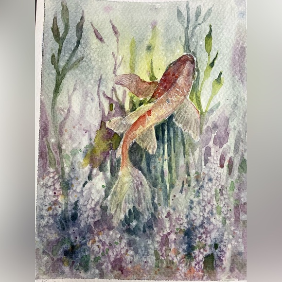 Original Koi fish painting watercolor art decor pond nature artwork Artettina US - Picture 4 of 9